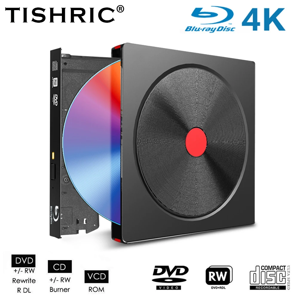 TISHRIC DVD Drive CD DVD RW ROM USB 3.0 Type-C Cable External Optical Drive Reader 3D Blu-ray 4K HD Compatible Desktop Laptop