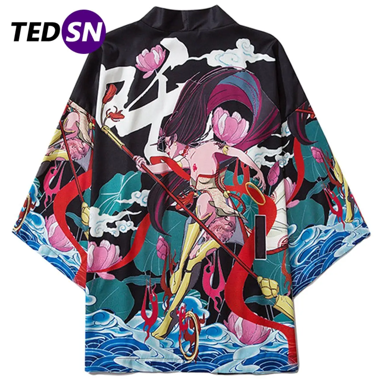

Японское кимоно в стиле Харадзюку, летнее свободное кимоно с принтом морских воинов и морских волн, уличная одежда в японском стиле, пальто ...