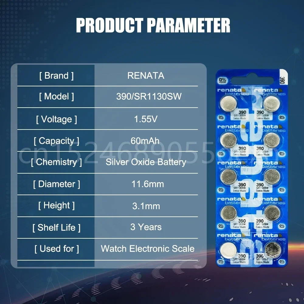 100% оригинальная батарея Renata 390 SR1130SW 1 55 В из оксида серебра для часов калькулятора