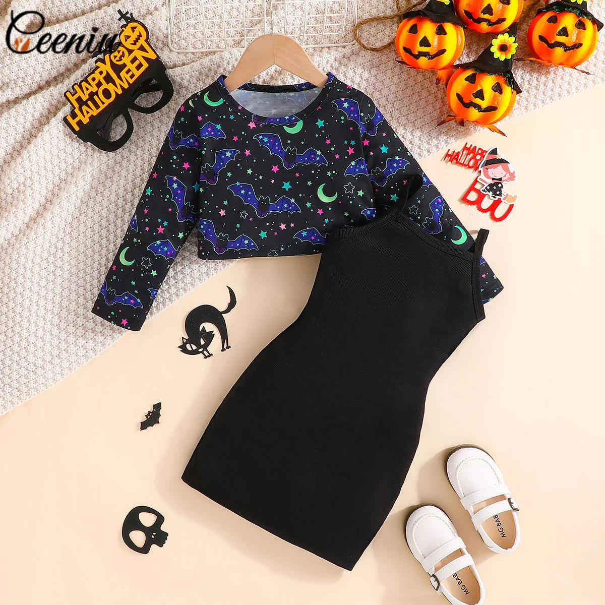 

Ceeniu От 2 до 6 лет Детские платья для девочек летучая мышь Луна принт черный топ и платье без рукавов Детские комплекты одежды для девочек детская одежда