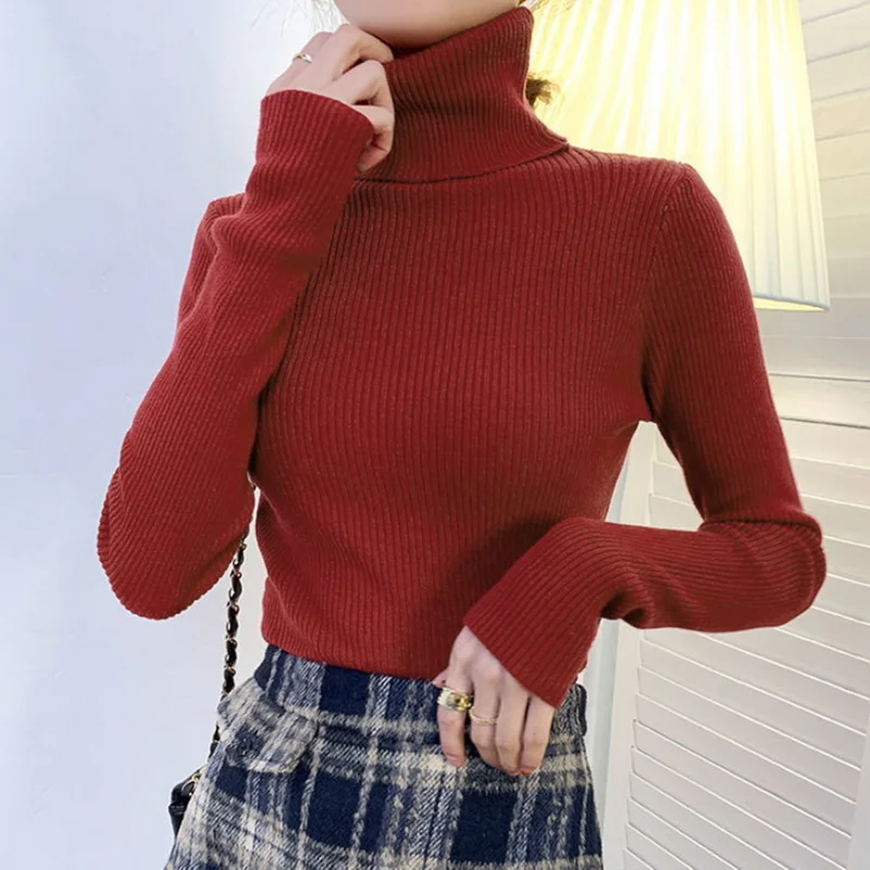 

New 2022 Women Pullover Turtleneck Sweater Autumn Long Sleeve Slim Elastic Korean Simple Basic Cheap Jumper Solid Color Top