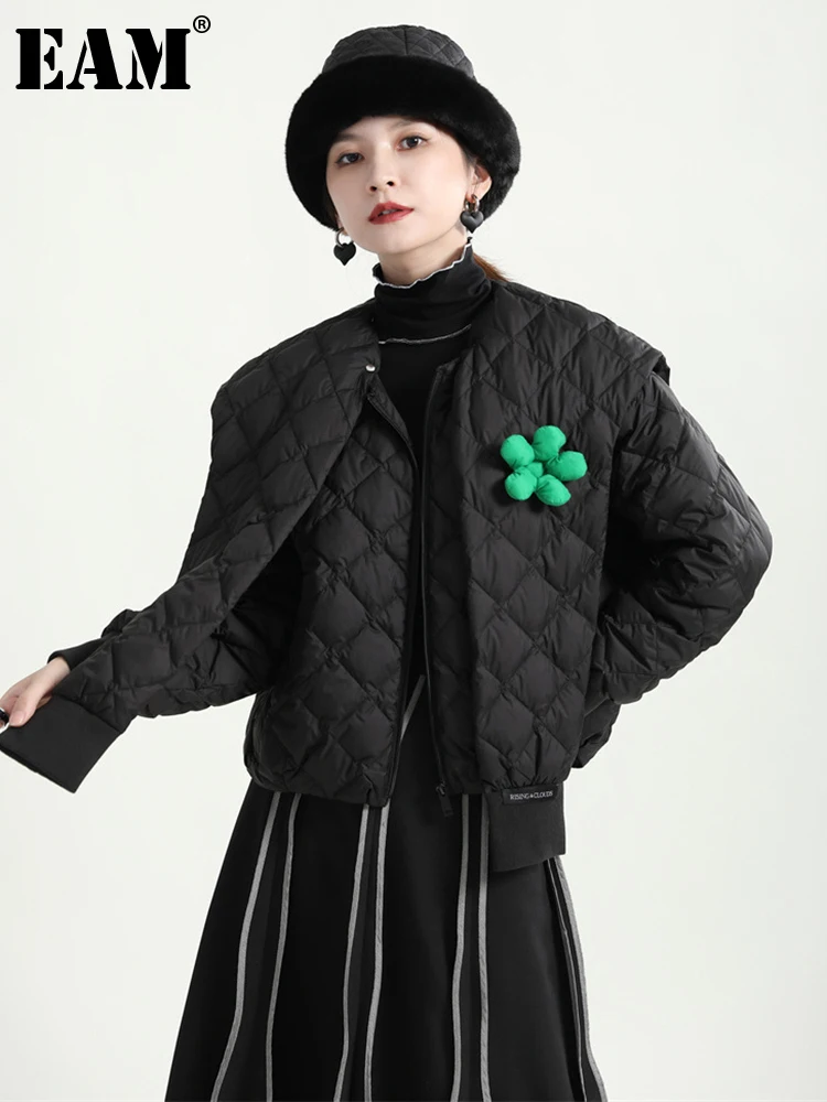 

[EAM] Black Warm Appliques Cotton-padded Coat Long Sleeve Loose Fit Women Parkas Fashion Tide New Autumn Winter 2022 1DE6139
