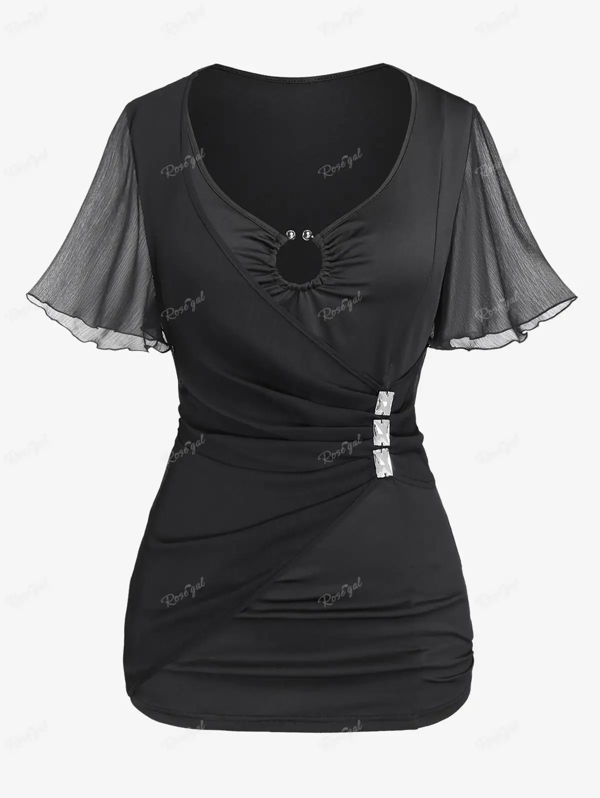 

ROSEGAL Plus Size Mesh Flutter Sleeves Tees Black Fashion V-Neck Metal Embellished Twofer Tops Female StreetwearT-shirts