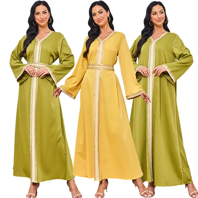 

Woman Moroccan Caftan Dubai Jalabiya Robe Evening Party Islamic Muslim Belted Abaya Dress Ethnic Gown Modest Vestidos Clothes