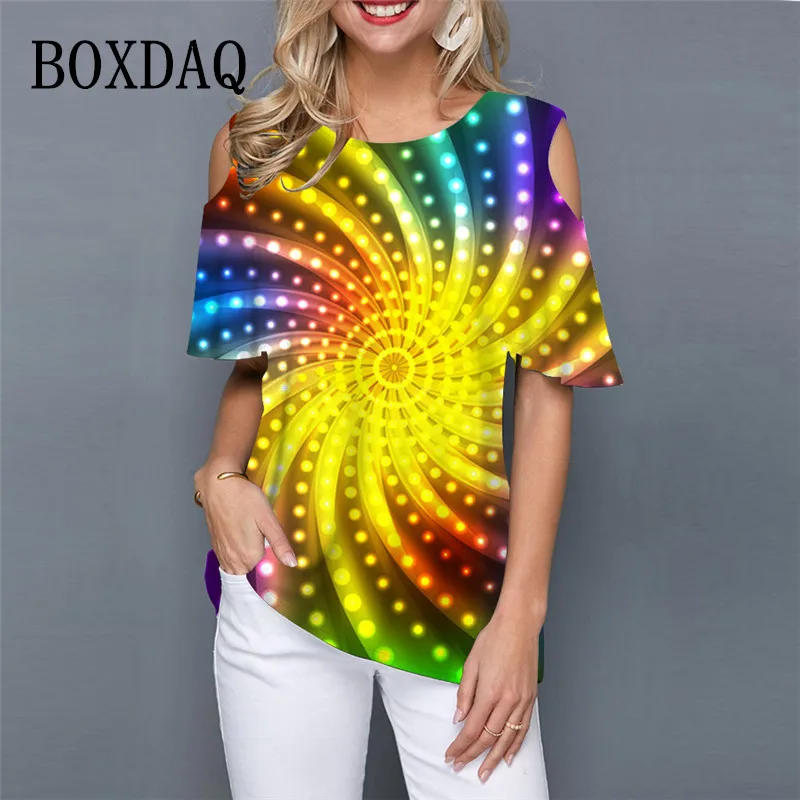 

Женская футболка с радужным принтом, Повседневная Свободная футболка с круглым вырезом и открытыми плечами, уличная одежда, лето 2022