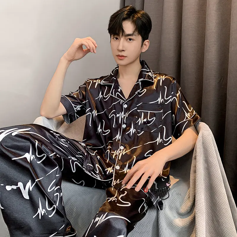 Spring Summer Man Pajama Sets Silk Sleepwear Pajamas for Men Plus Size Home Clothing Pyjamas Suit Home Wear Loungewear Homesuits
