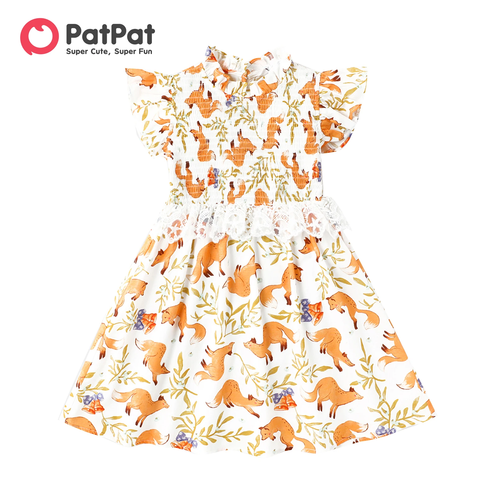 

PatPat Toddler Girl Dresses 100% Cotton Allover Fox Print Flutter-sleeve Lace Detail Shirred Dress