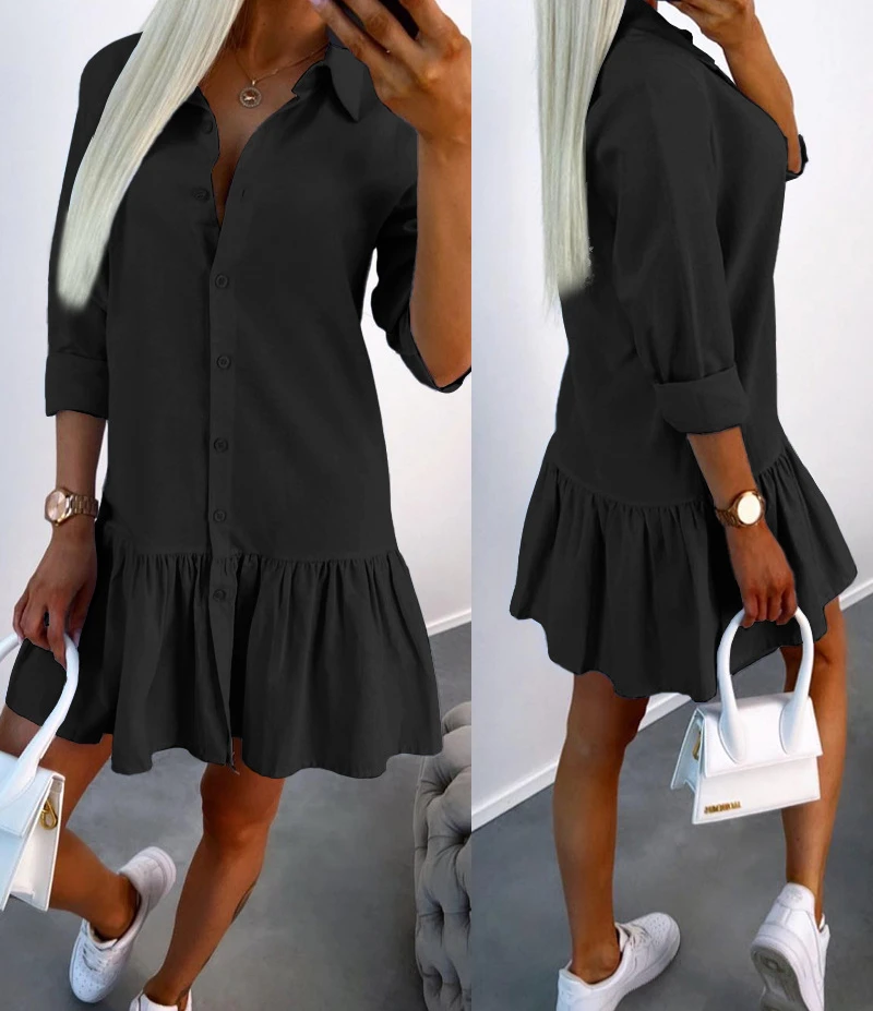 

Dresses Women 2023 New Fashion Long Sleeve Buttoned Ruffle Hem Elegant Casual A Line Shirt Mini Dress Female Vestido