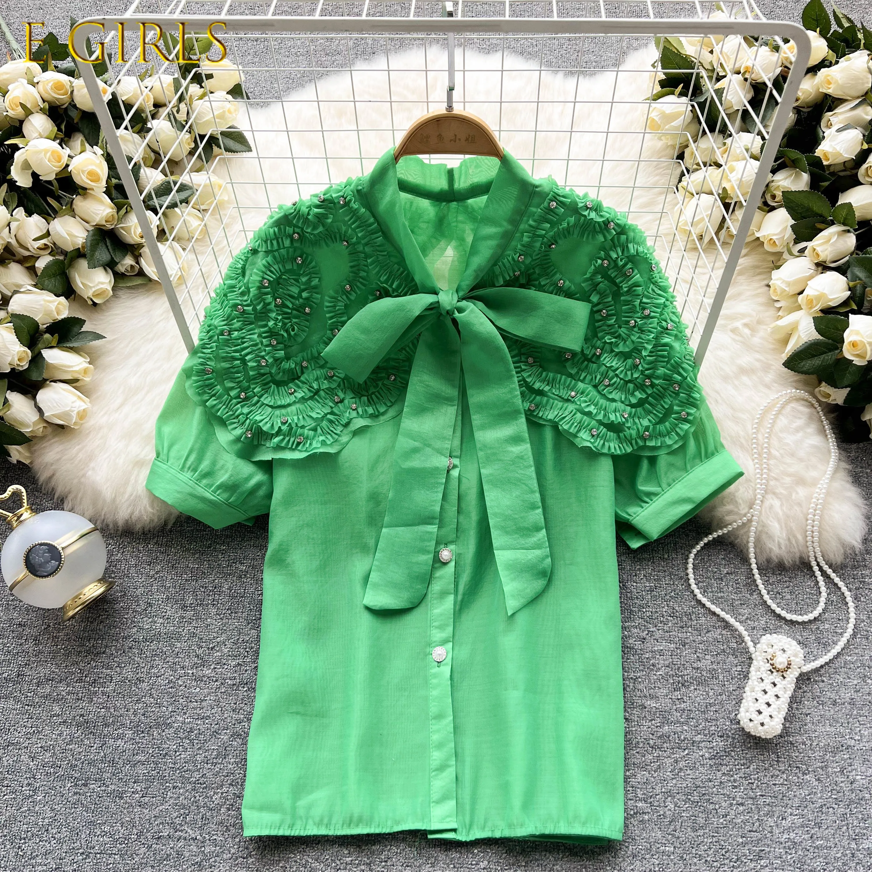 

E GIRLS Fashion Diamonds Folds Ruffle Patchwork Blouse Top Causal Puff Sleeve Bow Tie Stand Neck Womens Top Causal Korean Shirt