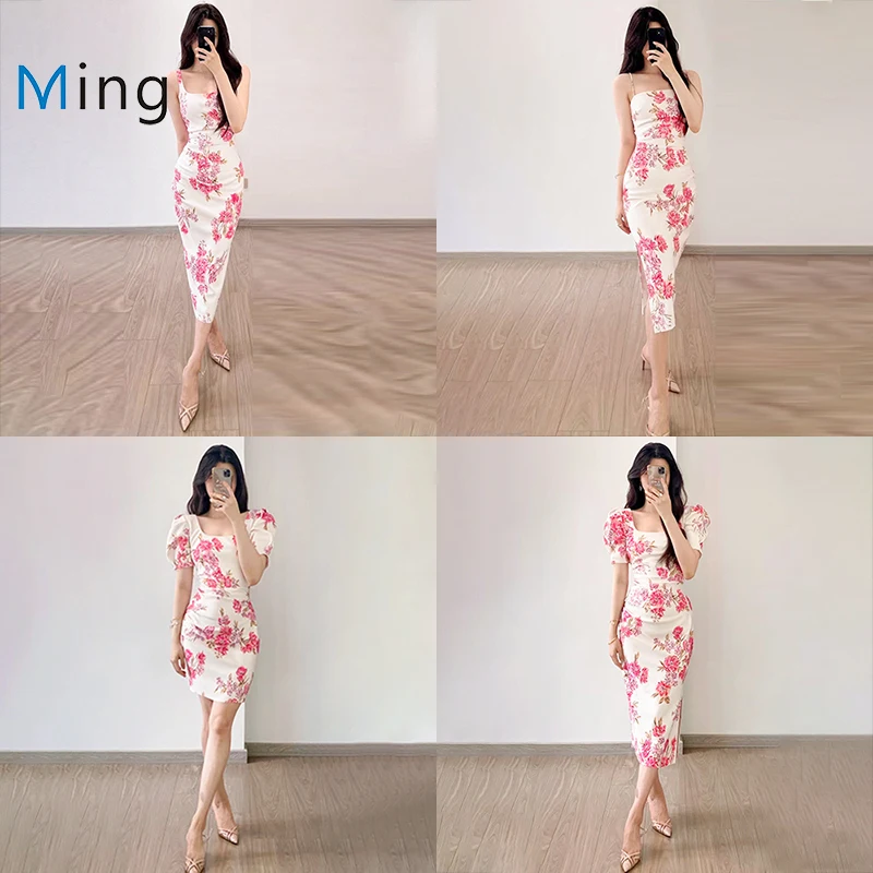 2022 Summer New Flower Print Slim Waistline Pleated Slim Long Dress