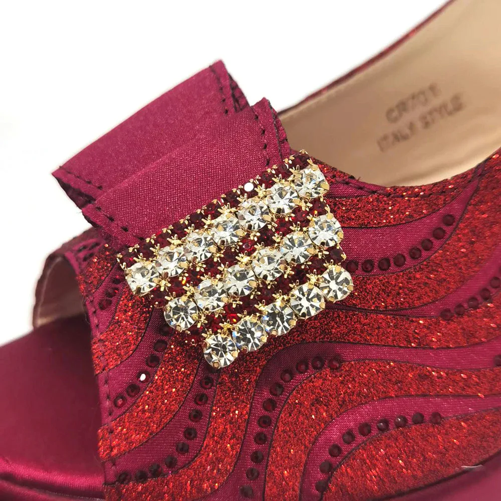 Venus Chan 2023 Elegant Chunky Wedges High Heels for Ladies Wine Color Rhinestone Striped Shiny PatchBag and Shoes Matching Set