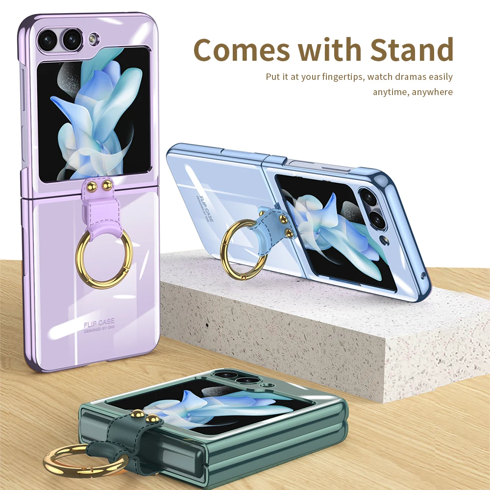 For Samsung Galaxy Z Flip 5 Case Ultra-thin Electroplated Transparent Ring Bracket Folding Shockproof Hard Back Case Accessories