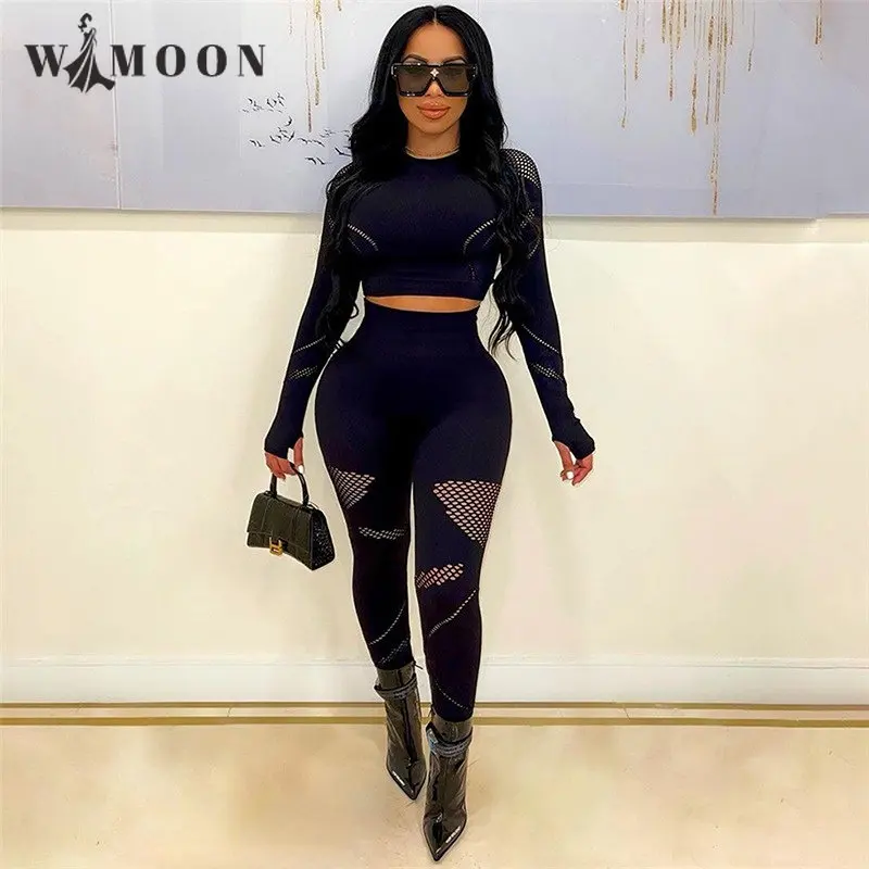

2023 Hollow Out Stretchy Two Piece Set Women Sexy Slim O-neck Long Sleeve Crop Tops Casual Club Pencil Pants Tracksuits Outfits