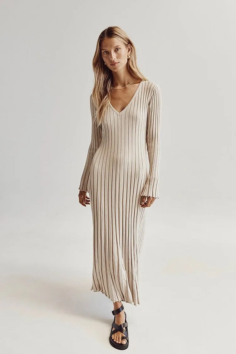 

Autumn Winter 2023 Slim Long Sleeve Party Midi Dress for Women Knitted V- Collar Elegant Knitted Sweater Dresses Ladies R30
