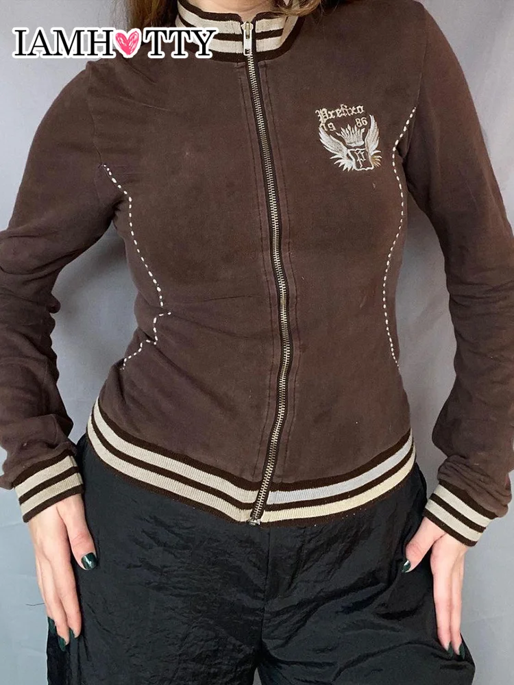 

Винтажный Свитшот IAMHOTTY на молнии с вышивкой, коричневый пиджак с воротником-стойкой Y2K в стиле преппи, женская уличная одежда