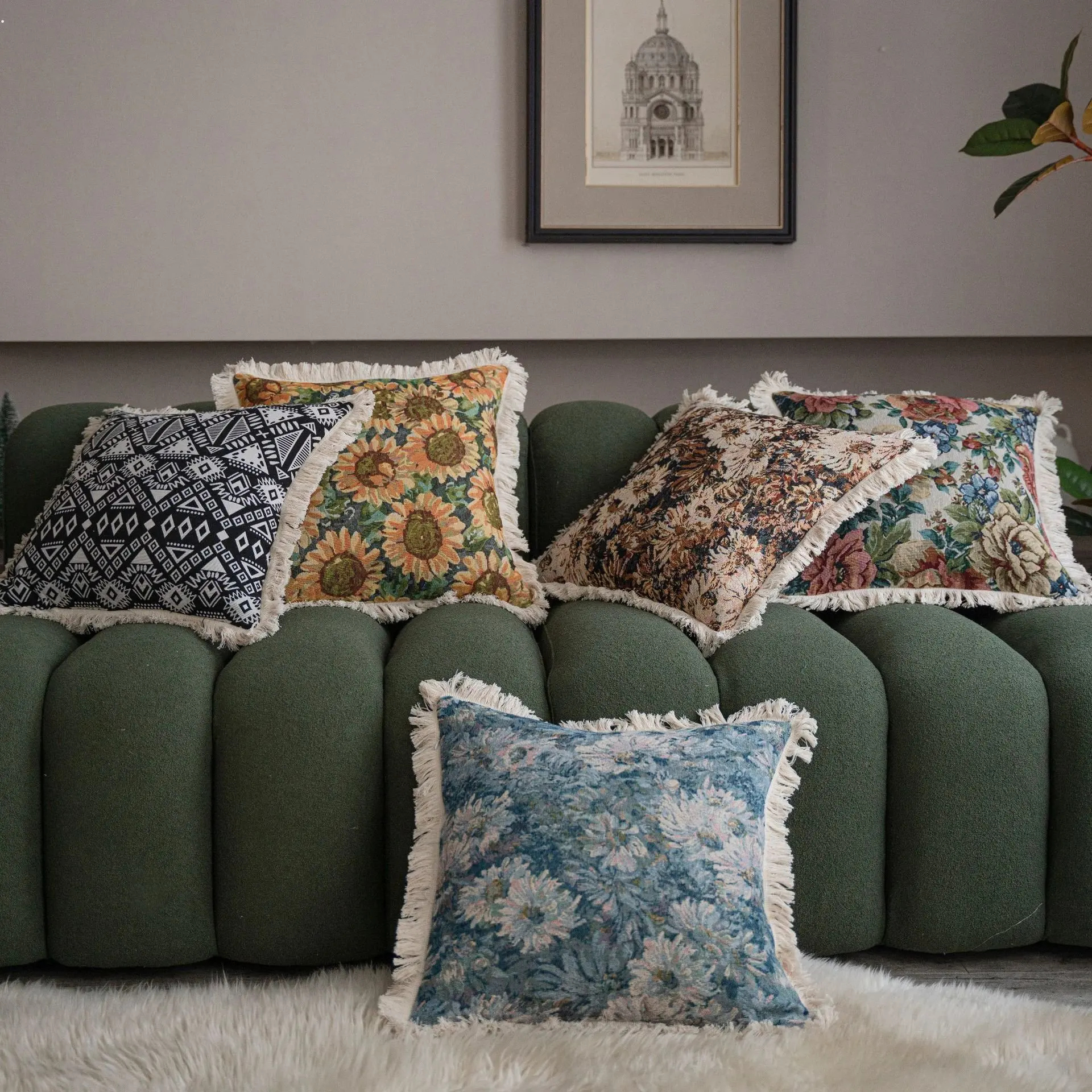 

Vintage American Tassel Cushion Cover Sunflower Jacquard Cushion Case Home Decor Pillow Case Living Room Bedroom Sofa