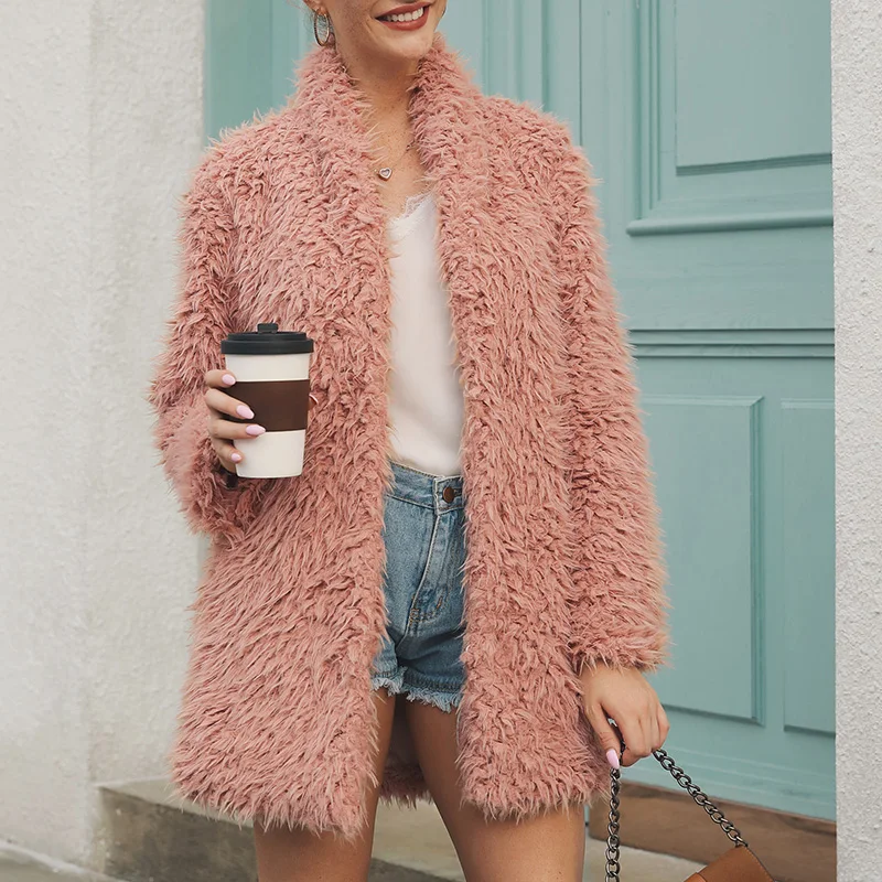 Slim Hairy Trench Black Pink New Autumn Coat Women Solid Casual Stylish Long Jackets 2021 Fur Coats Winter Warm Overcoat Outwear