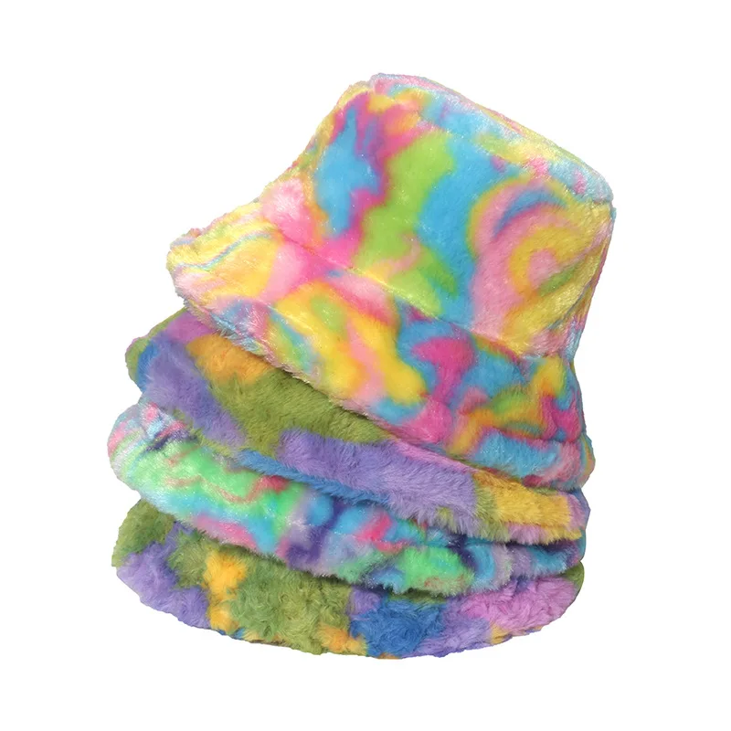 

New Faux Fur Winter Bucket Hat for Women Fashion Rainbow Soft Warm Tie-Dye Bucket Hats Fishing Cap Lady Outdoor Vacation Hat Cap