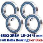 Подшипники 6802 VRS MAX, 15*24*5 мм (4 шт.), для велосипеда, хромированная сталь, синие, герметичные, с смазкой, 6802LLU, тележка, Полные шарикоподшипники