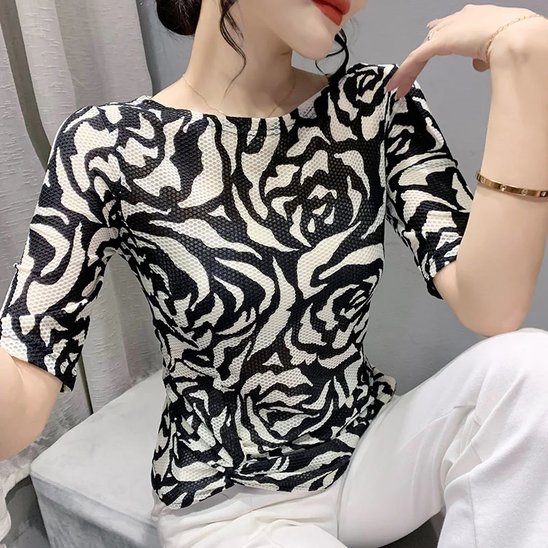 

#7921 Mesh T Shrit Women Half Sleeve Tight Tshirt Slash Neck Floral Printed Tee Summer Tight Vintage Short Womens Tshirt Sexy