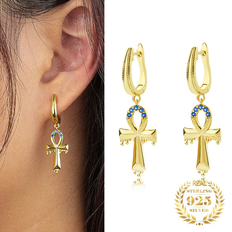 

Original Design Trendy Jewelry 18k Gold Plated Egyptian Ankh Cross Drop Earrings Hoop Zircon Earrings For Women Silver 925