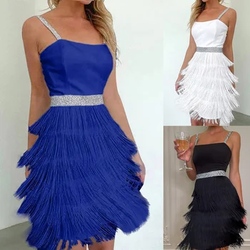 Feathers Skirt Women Sleeveless Tassel Ladies Guest Dress Vintage with Zipper Spaghetti Strap Slimming Female Holiday 1