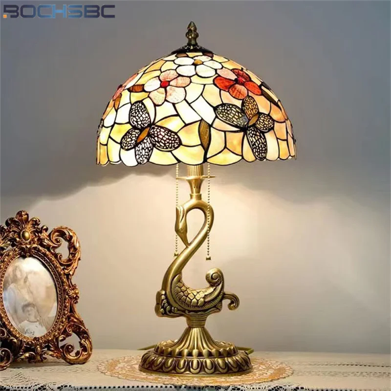 

BOCHSBC Tiffany Style Shell Desk Lamp Butterfly Orchid Flower Shade Casting Copper Frame Table Art Decor Light Remote Dimming