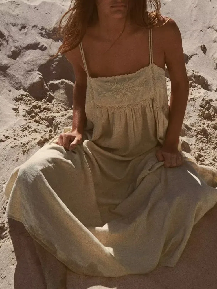 

Casual Ladies Comfortable Sweet Embroidered Linen Blend Midi Dress 2023 Summer Vintage Beach Vacation Backless Dresses For Women