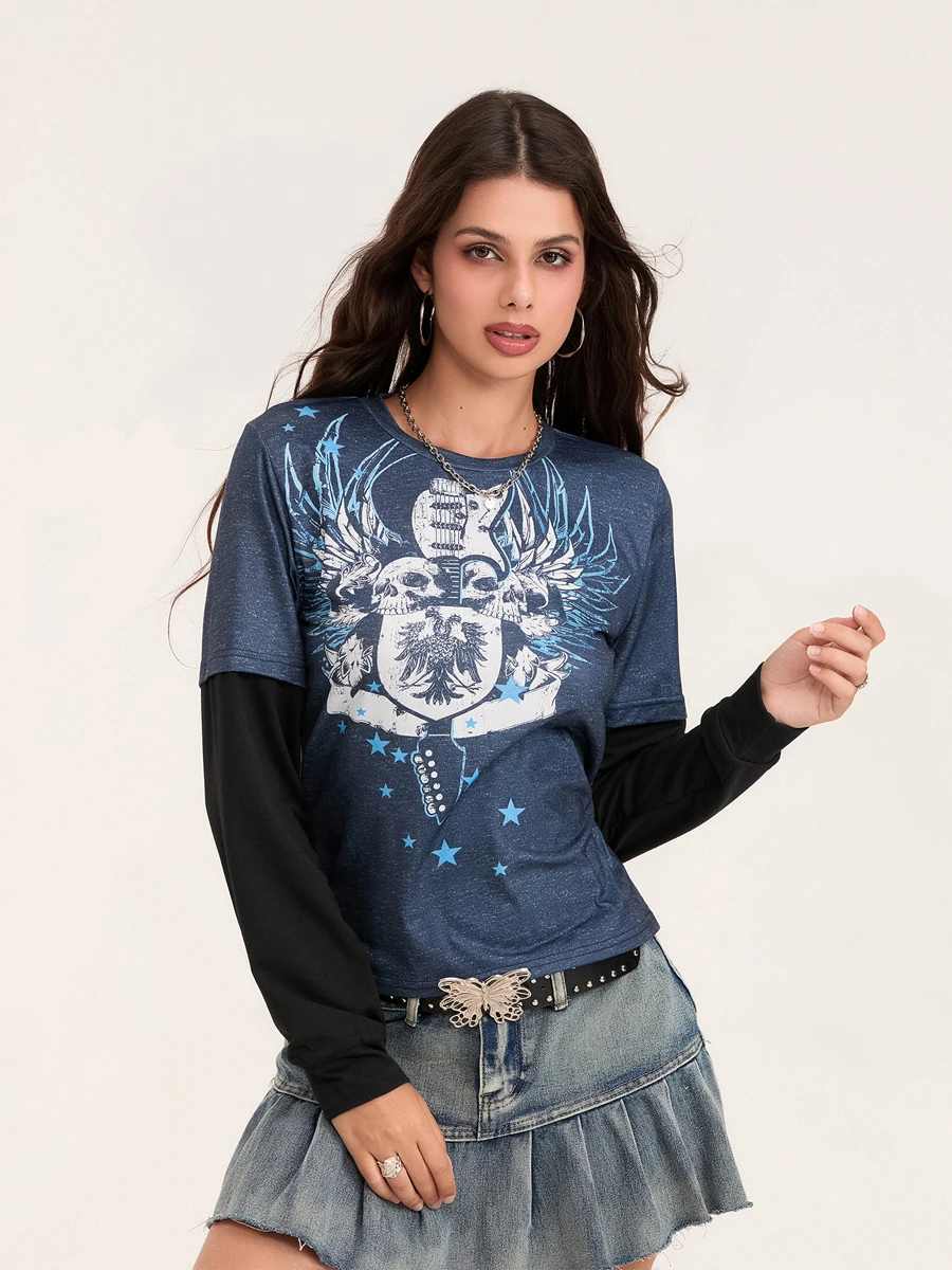 Женская футболка 2024 весна-осень винтажные лоскутные осенние топы с длинными