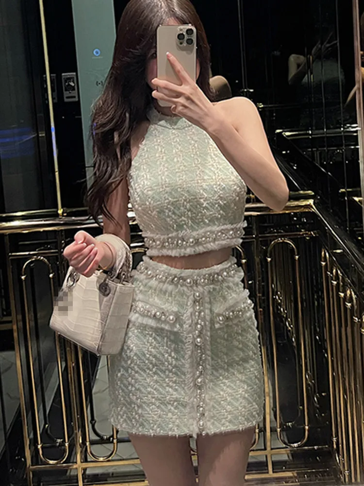 

Осенний маленький аромат, винтажный твидовый комплект из двух предметов, женские Роскошные блестящие бусы, шерстяные короткие мини юбки, комплекты, милые костюмы из 2 предметов