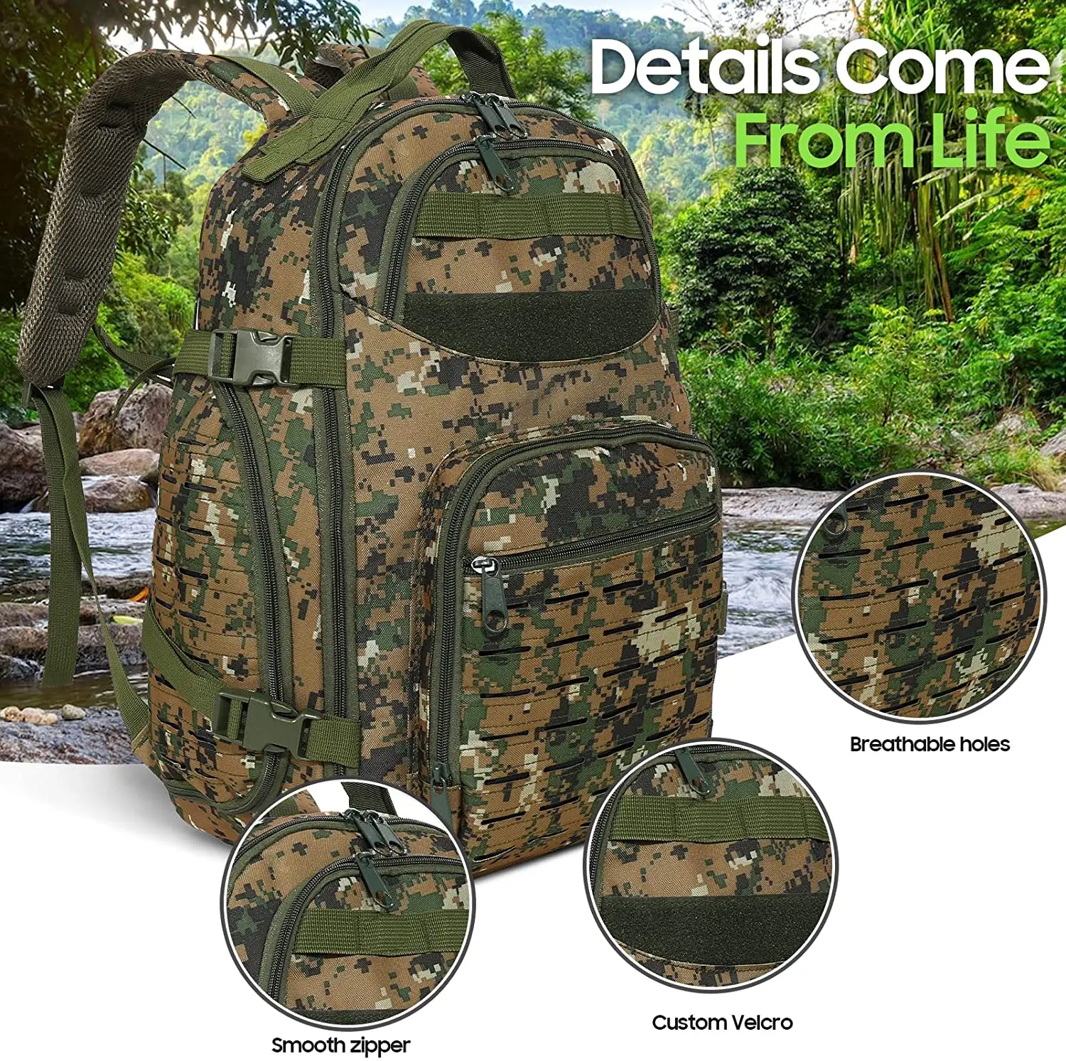 TONGJM Tactical Backpack Military MOLLE Backpack Lightweight Mountaineering Bag Unisex Hunting Camping Trekking (Jungle digital)