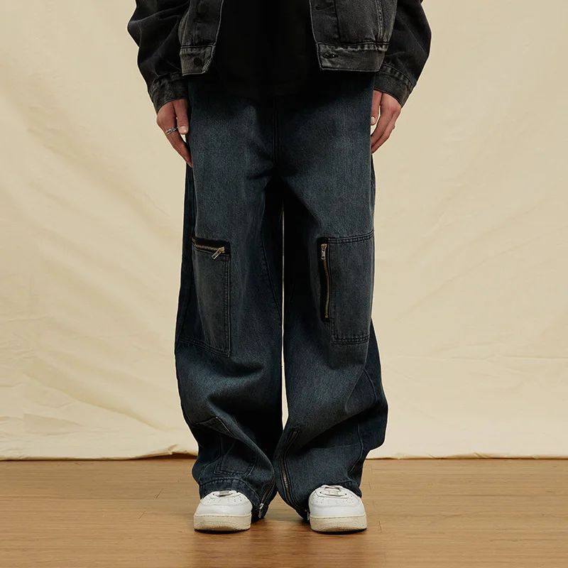 2023 Winter Autumn New Original Tide Brand Straight Pants Retro Washed Loose Cotton Basic Dark Jeans Street Men Fashion