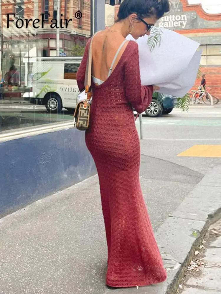 

Пляжное вязаное платье Forefair с открытой спиной, ажурное пикантное платье-трапеция с длинными расклешенными рукавами, элегантное праздвечер...