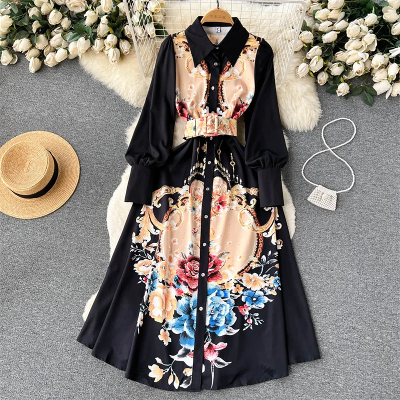 

Spring Autumn Women Fashion Flower Print Black Long Dress With Belt Single-breasted Elegant Long Sleeve Ladies Dresses Vestidos