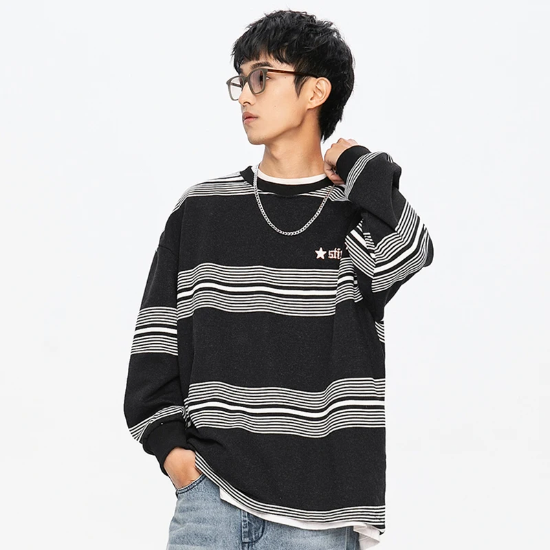 Полосатая толстовка с круглым вырезом и длинными рукавами мужской женский топ