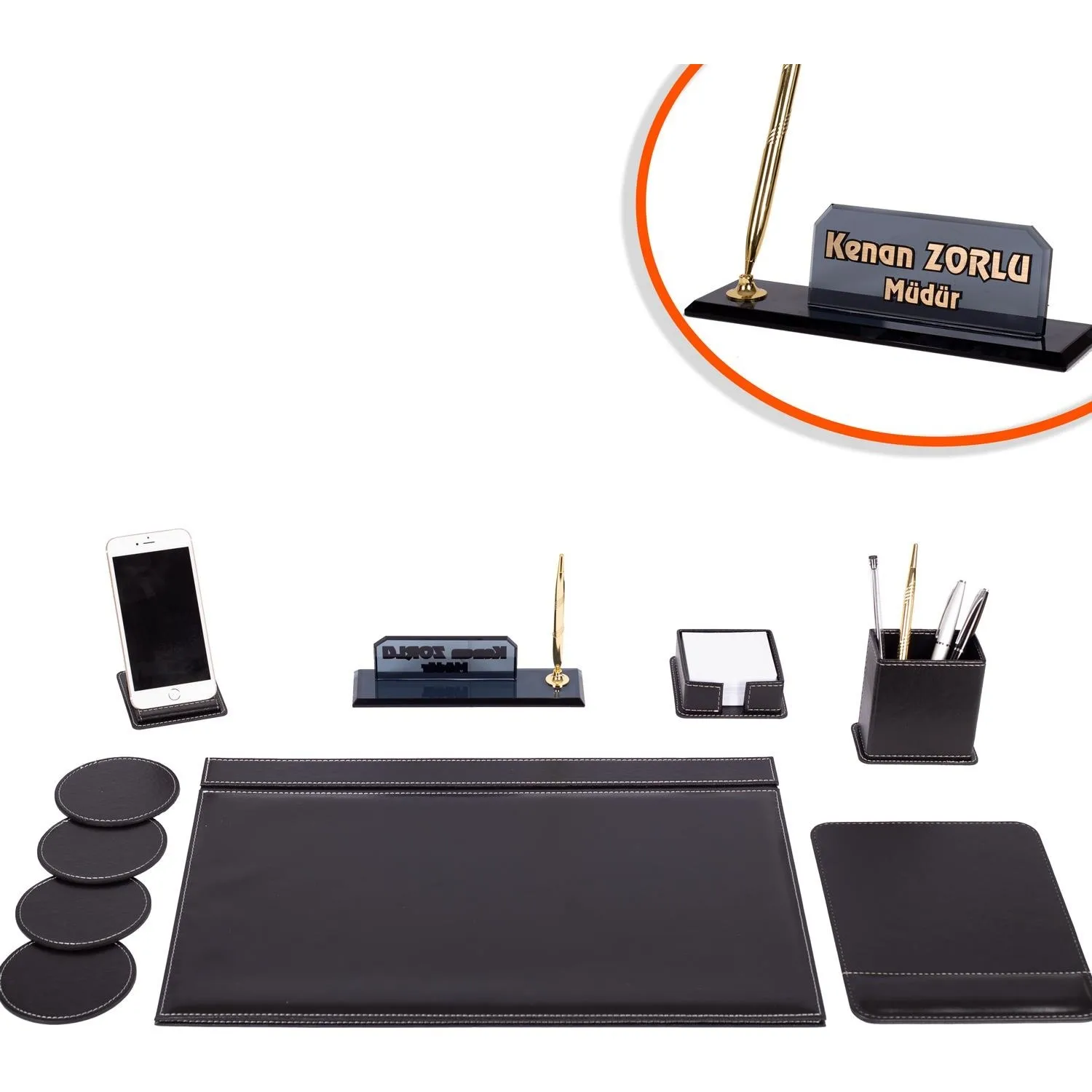 

İsimlik Sepeti Armada Leather Desk Set Table İsimliği Crystal İsimlik Written In Relief Elegant Showy Quality Useful Black