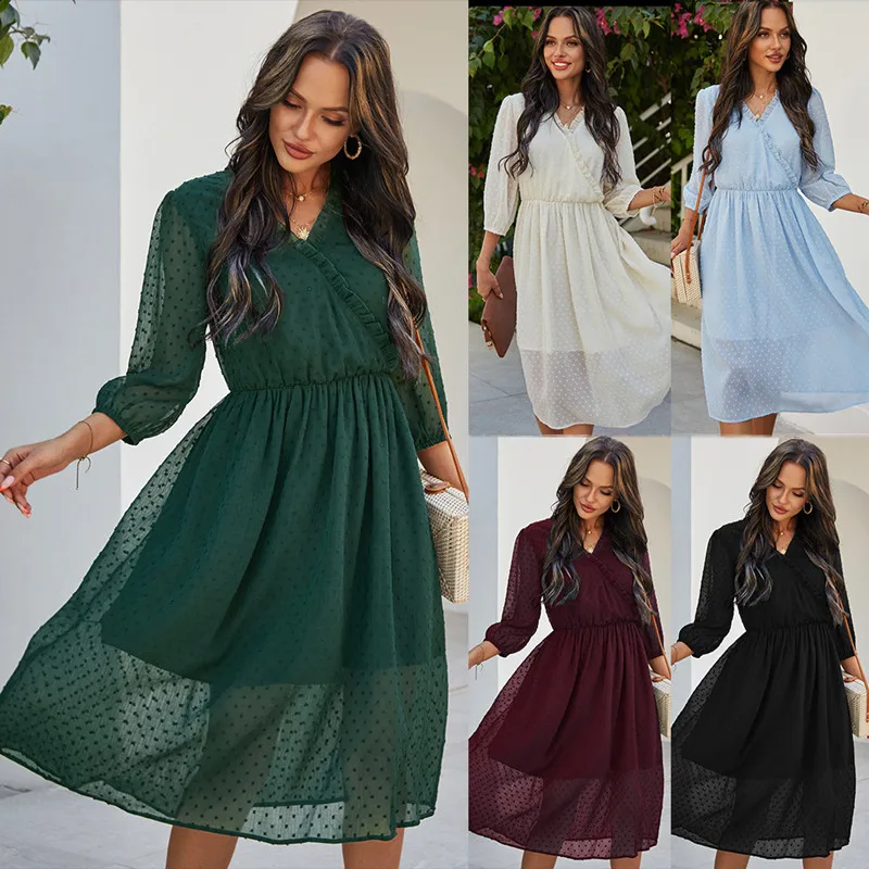 

Spring AutumnDouble Layer Mesh Sexy Mid Dress V Neck Ruffle Patchwork Women's Dress BohoTunic Solid Lantern Sleeve Woman Dresses