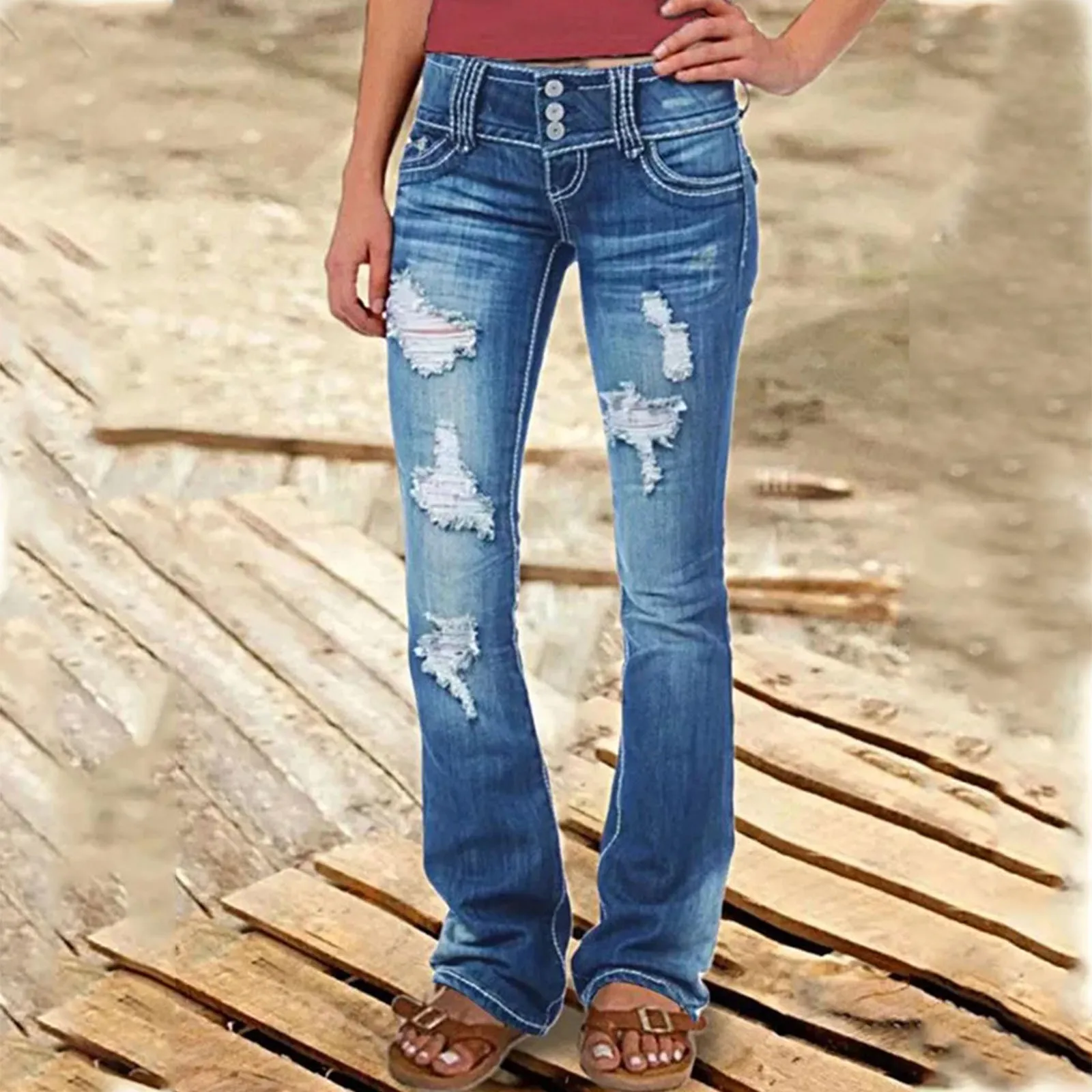 

Женские рваные расклешенные джинсы с дырками и бахромой, ажурные пикантные джинсовые брюки с высокой талией, женские Винтажные эластичные облегающие джинсы, широкие брюки