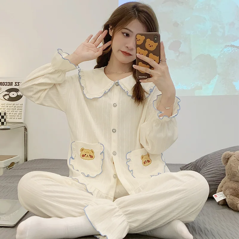 Pijama Mujer Doll Collar Sweet Pajamas Women Spring Autumn Cotton Long Sleeve Sleepwear Korean Loose Outwear Household Set