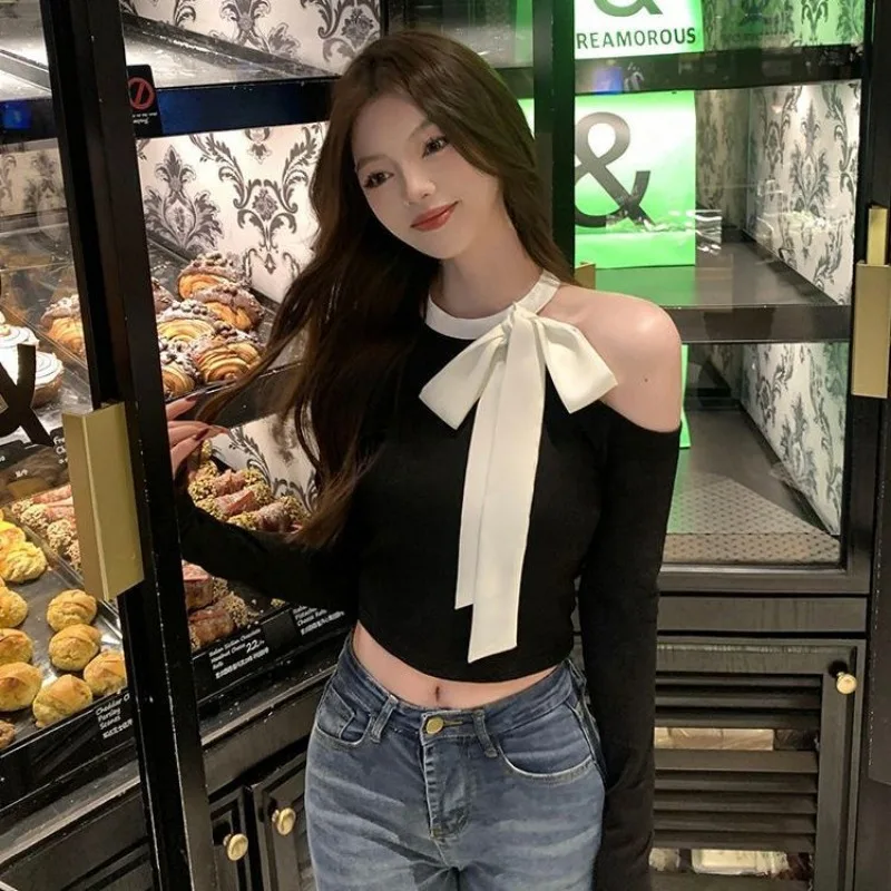 Модный тонкий однотонный трикотаж с бантом женский весенне-осенний сексуальный