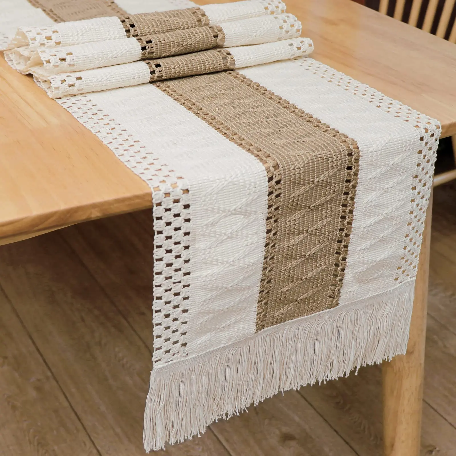 

Europe Luxury Linen Cotton Table Runner with Tassels Decor Boho Jute Splicing Table Runners for Dinner Home Table Cover Decorate