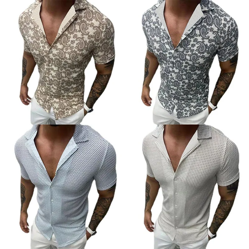 

Summer Men's New Trend Lapel Buckle Cardigan Casual Solid Color Threaded Cuff Short Sleeve T-Shirt Shirt