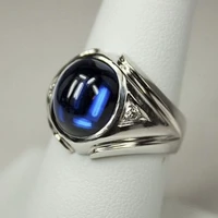 classic shiny silver color blue geometric oval crystal zircon men alloy ring for male party jewelry accessories size 5 11