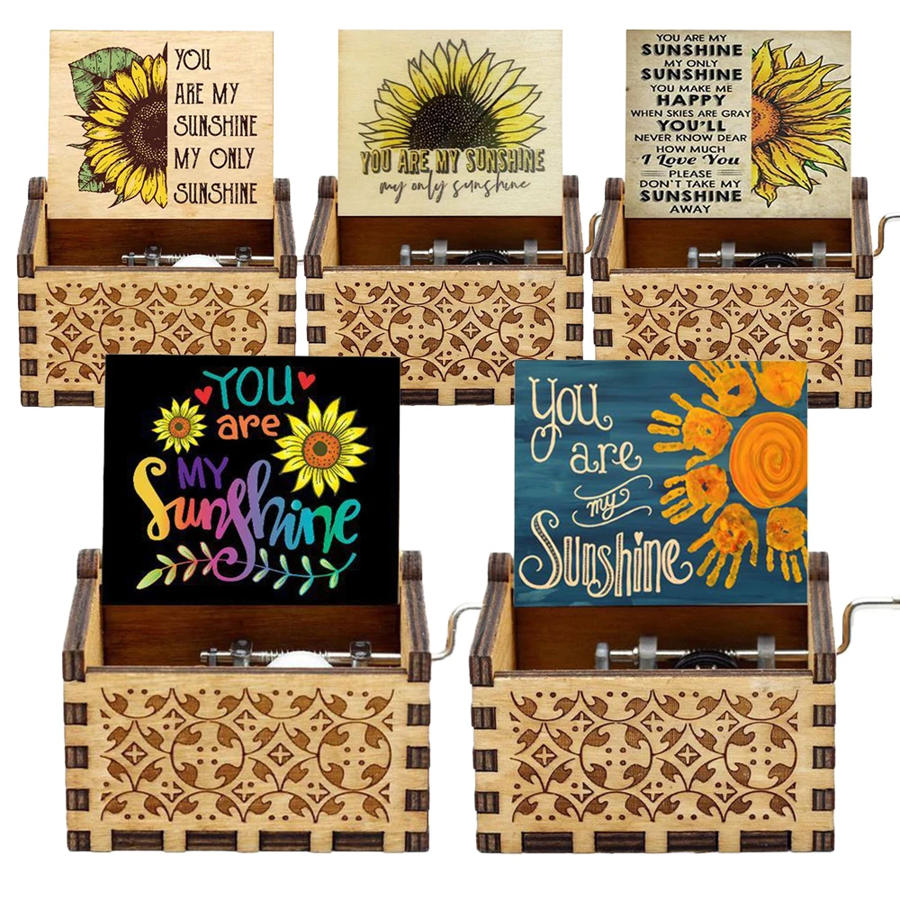 You Are My Sunshine Music Box Wood Carving Color Printing Hand Crank Music Box Birthday Present Christmas Valentine's Day Gift