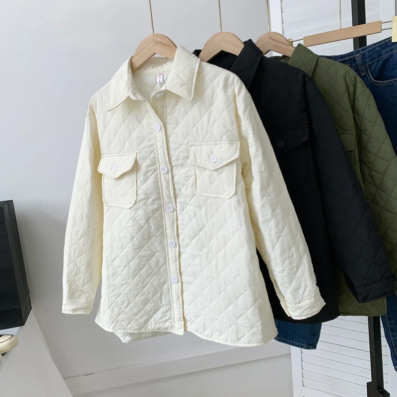 

Женская хлопковая стеганая куртка, легкая и тонкая рубашка свободного покроя с отложным воротником со стразами и двумя карманами, весна-осе...