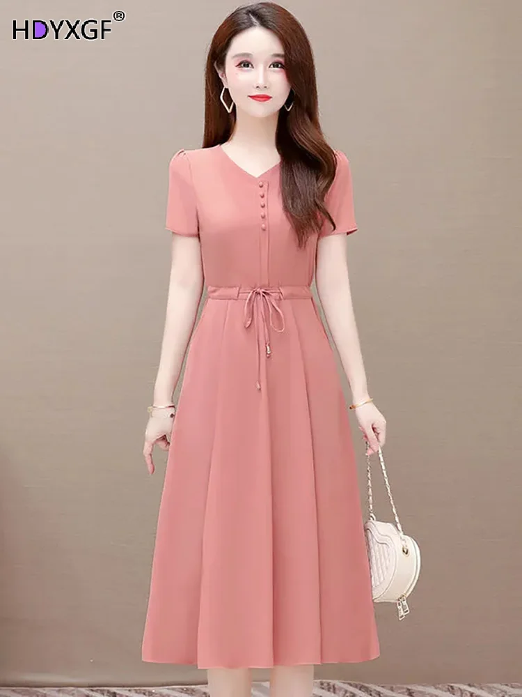 

Женское ТРАПЕЦИЕВИДНОЕ ПЛАТЬЕ средней длины, розовое Элегантное повседневное платье большого размера с коротким рукавом, модель 5xl в Корейском стиле на лето, 2023