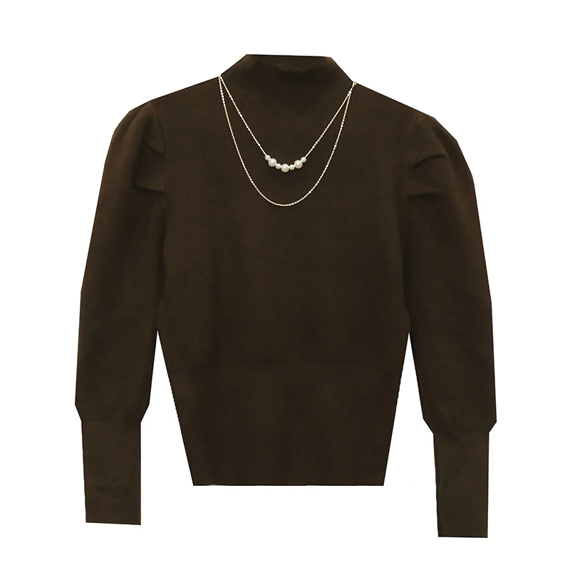 Свитер женский трикотажный с длинными рукавами-фонариками и высоким воротником