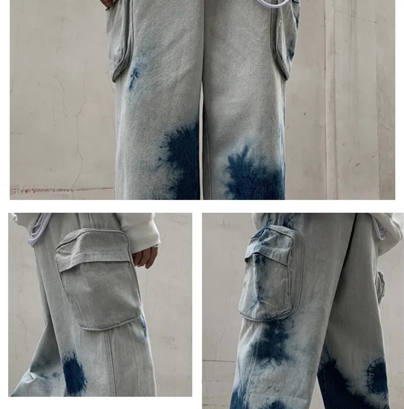High Street Tie Dye Vintage Baggy Men Cargo Jeans Pants Y2K Side Pockets Straight Loose Hip Hop Denim Trousers Pantalon Hombre