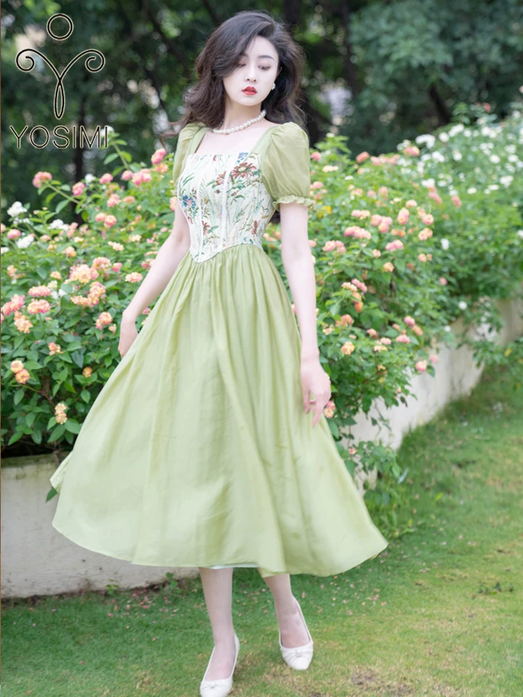 

YOSIMI Women Long Dress 2022 Summer Vintage A-line Patchwork Fit And Flare Mid-calf Dropped Waist Short Sleeve Elegant Dresses