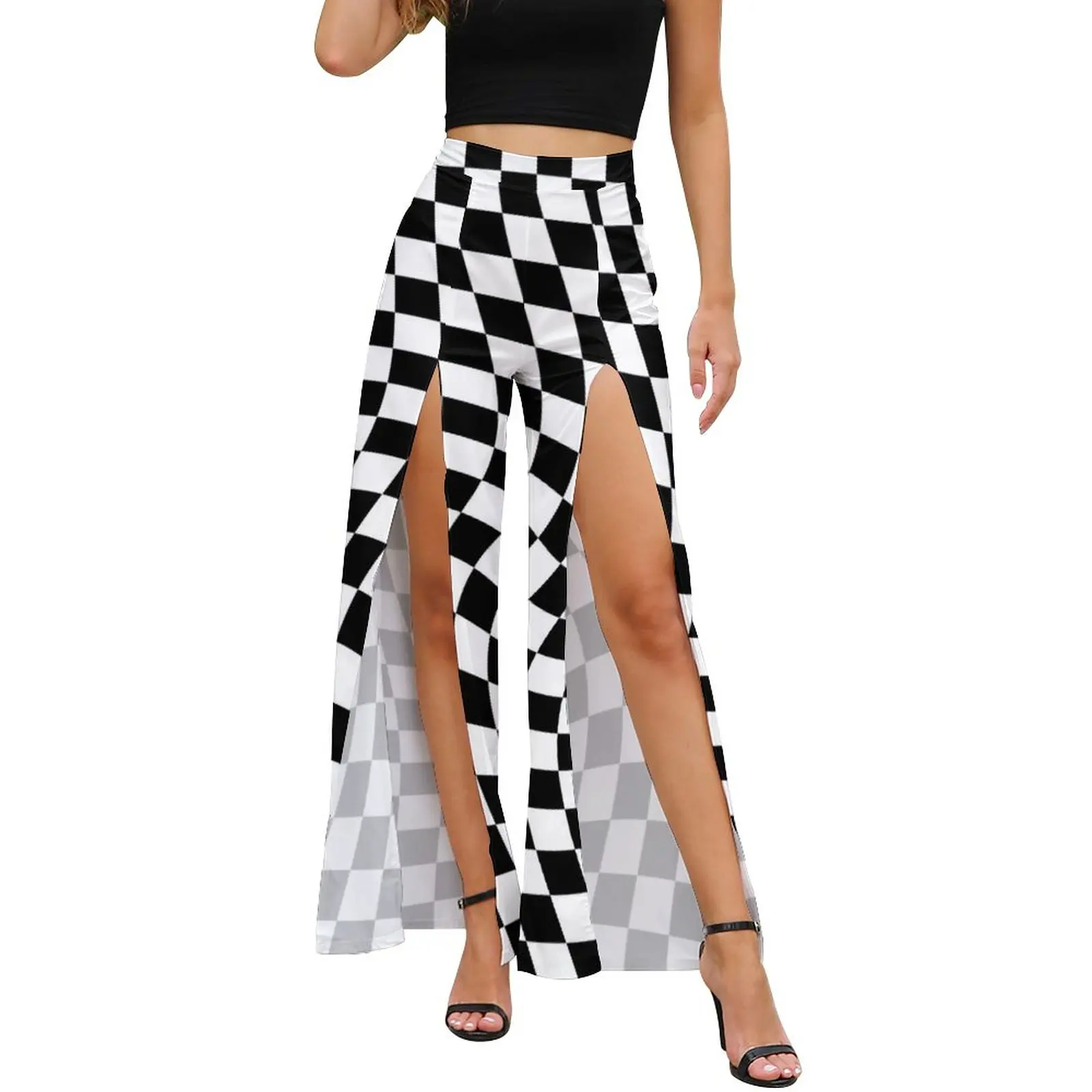 

Abstract Checkerboard Pants Female Black and White Checker Casual Pattern Wide Pants Summer Front Slit Street Fashion Trousers